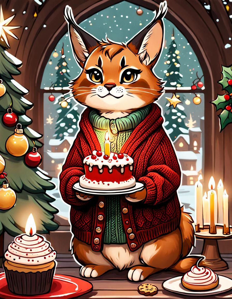 Cute Christmas Caracal in Cottagecore Style