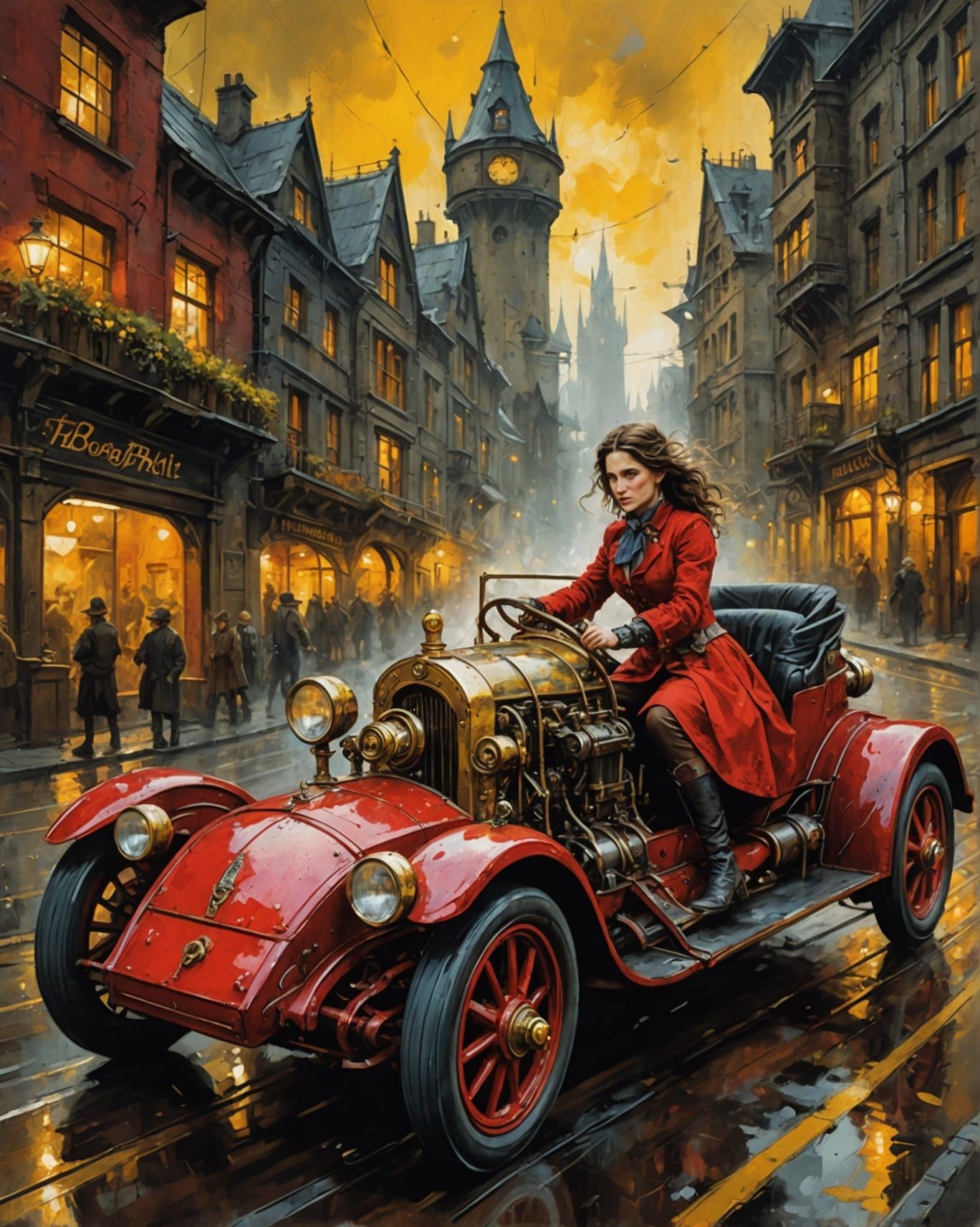 Steampunk Hobbit Races Through City in Vivid Oil Painting
