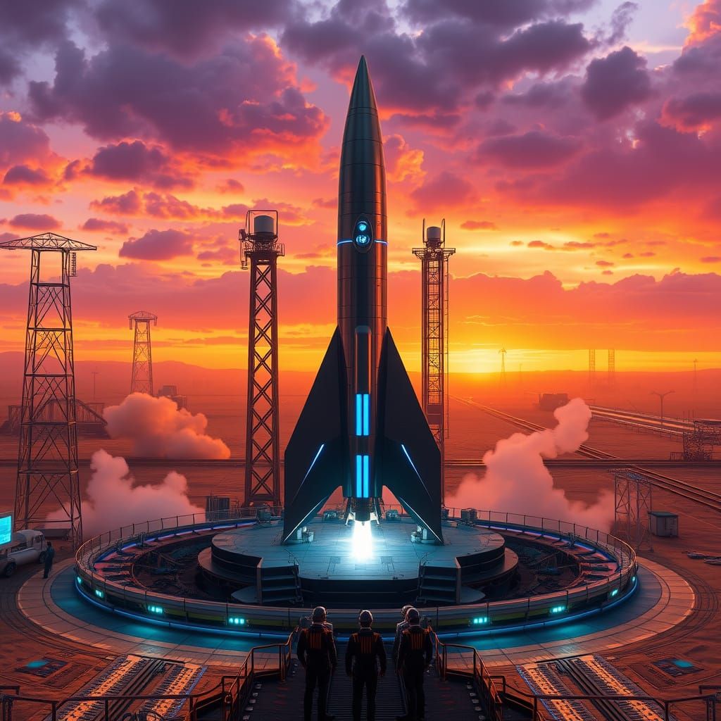 Retro-Futuristic Rocket Launch in Desert Sunset