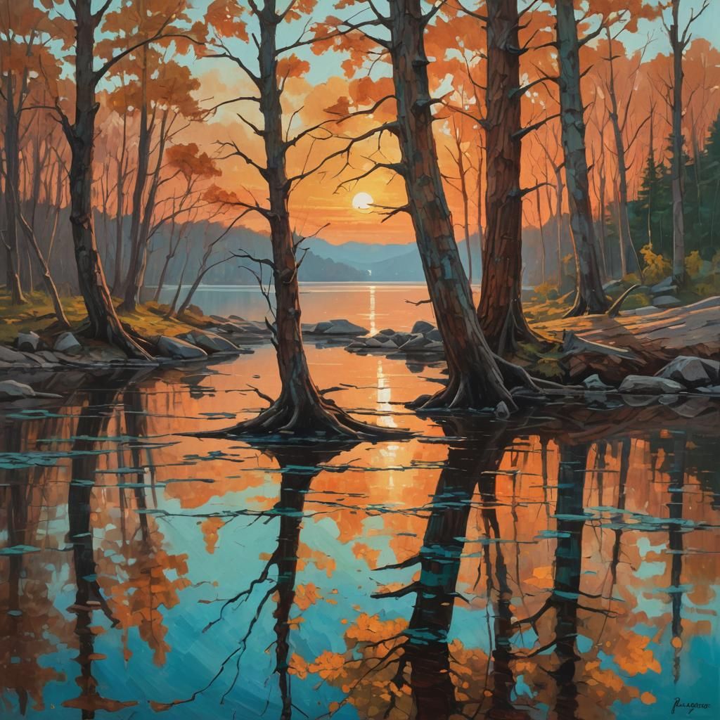 Sunset Lake Reflection in Impressionist Style