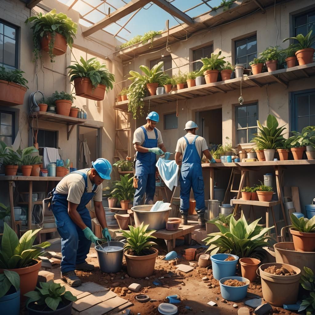 Construction Workers Living a Domestic Fantasy