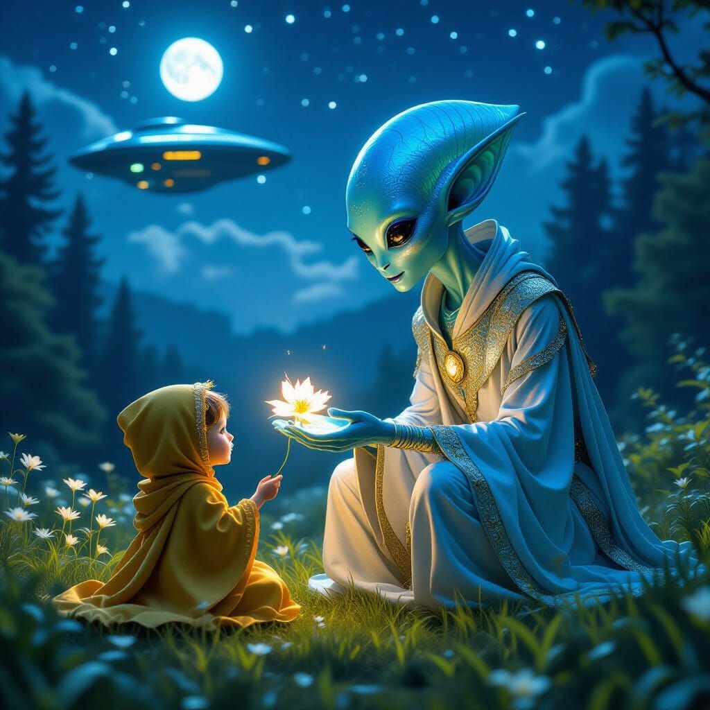 Alien Encounter in Moonlit Meadow, Science Fiction Art