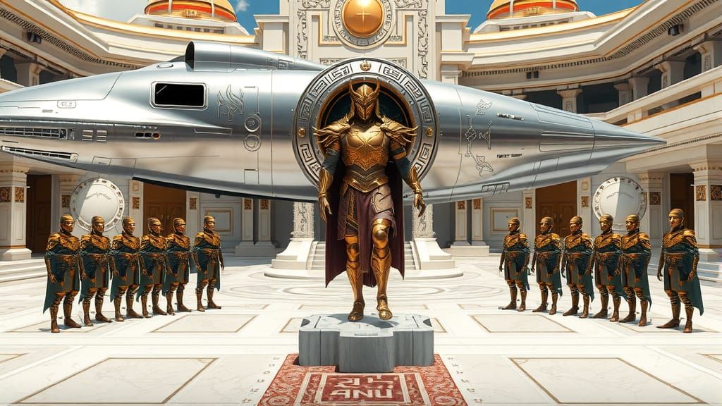 Lord Anu Descends from Spaceship to Ancient Temple in Sci-Fi...