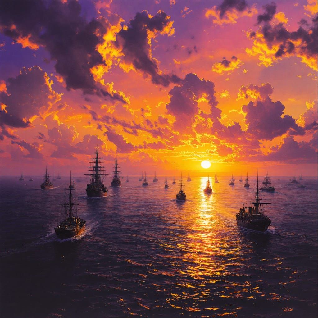 Strait of Hormuz Sunset: Ships Navigate Golden Waterway