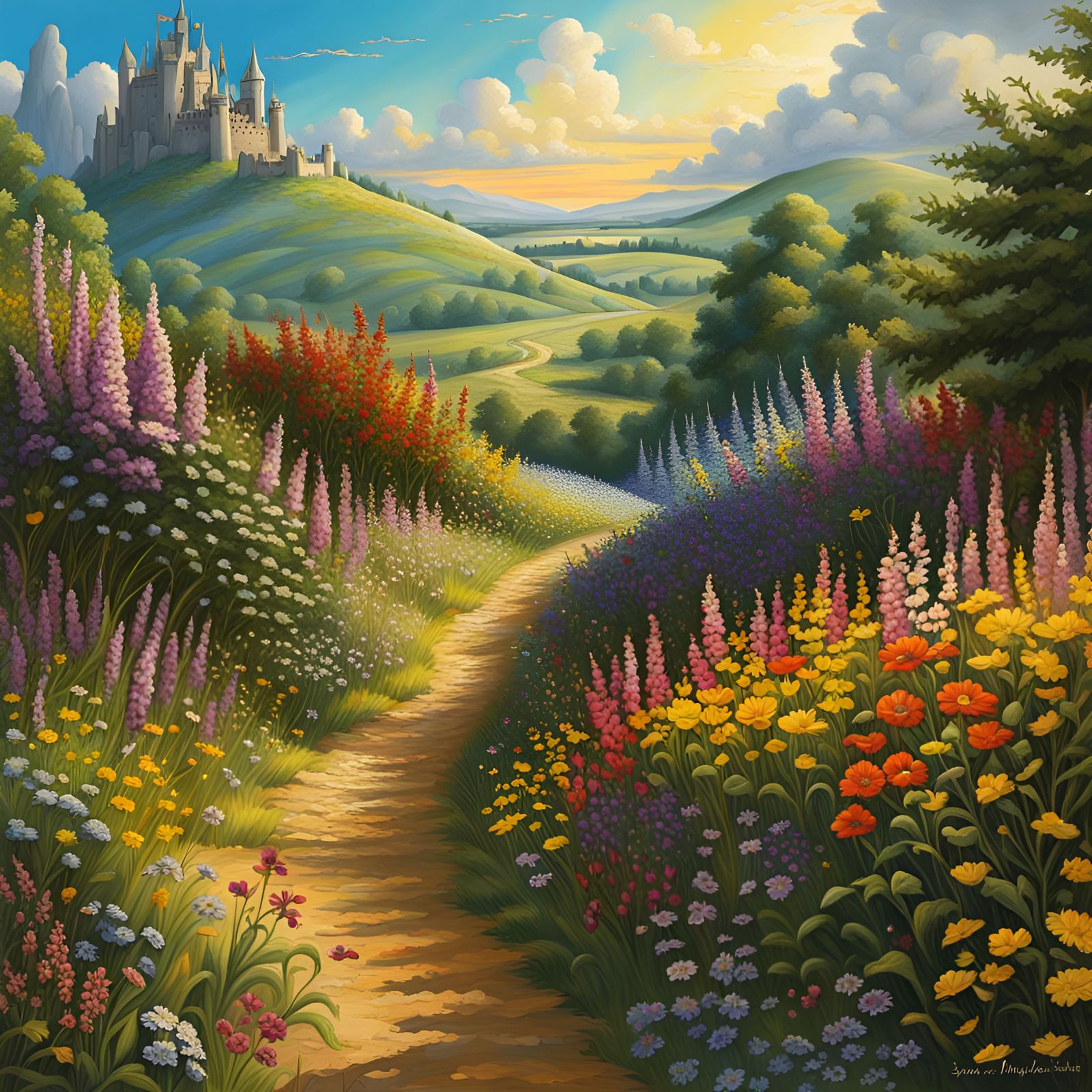 Path through a field of flowers, art by susan herbert, art b...