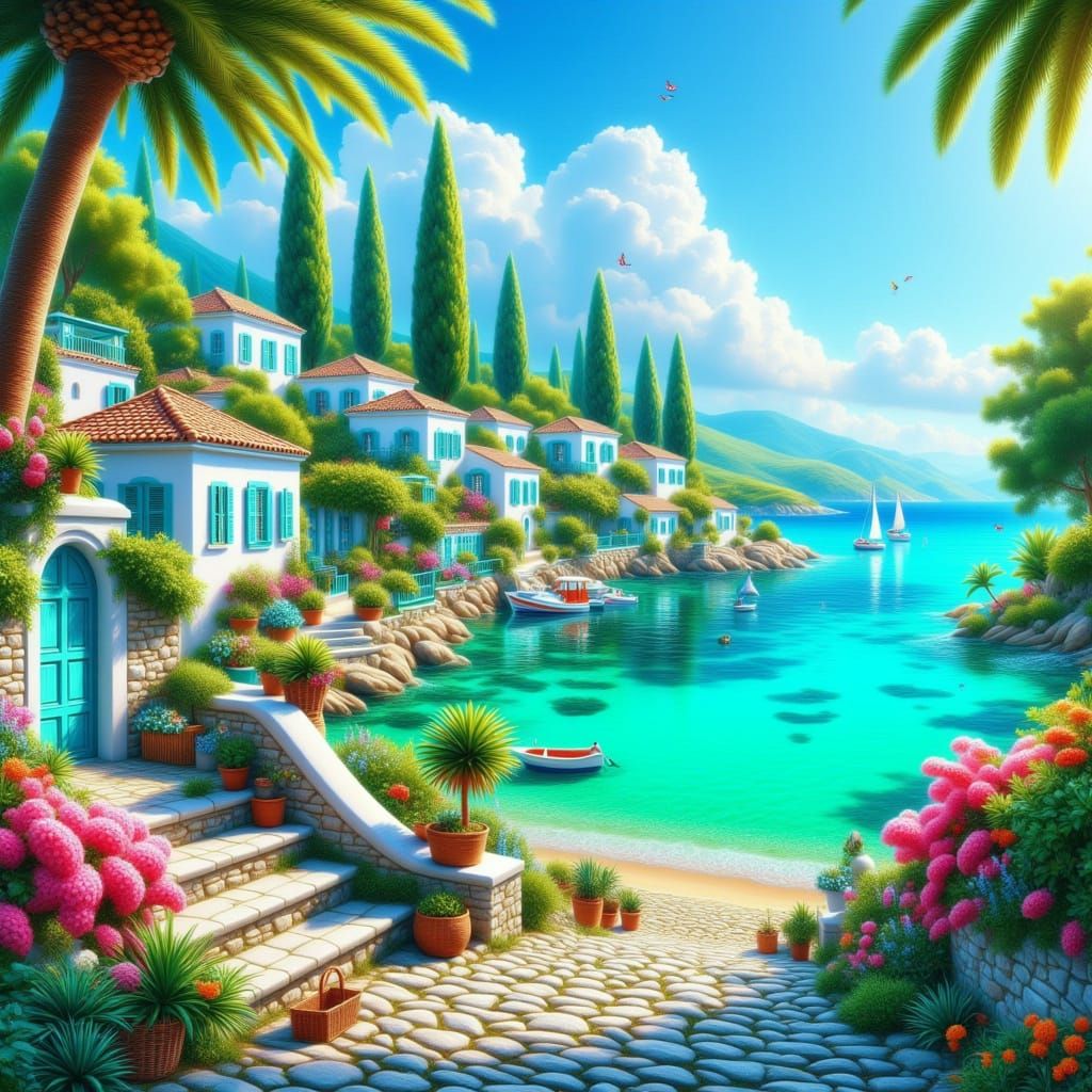 Mediterranean Village by Turquoise Sea in Watercolor Style