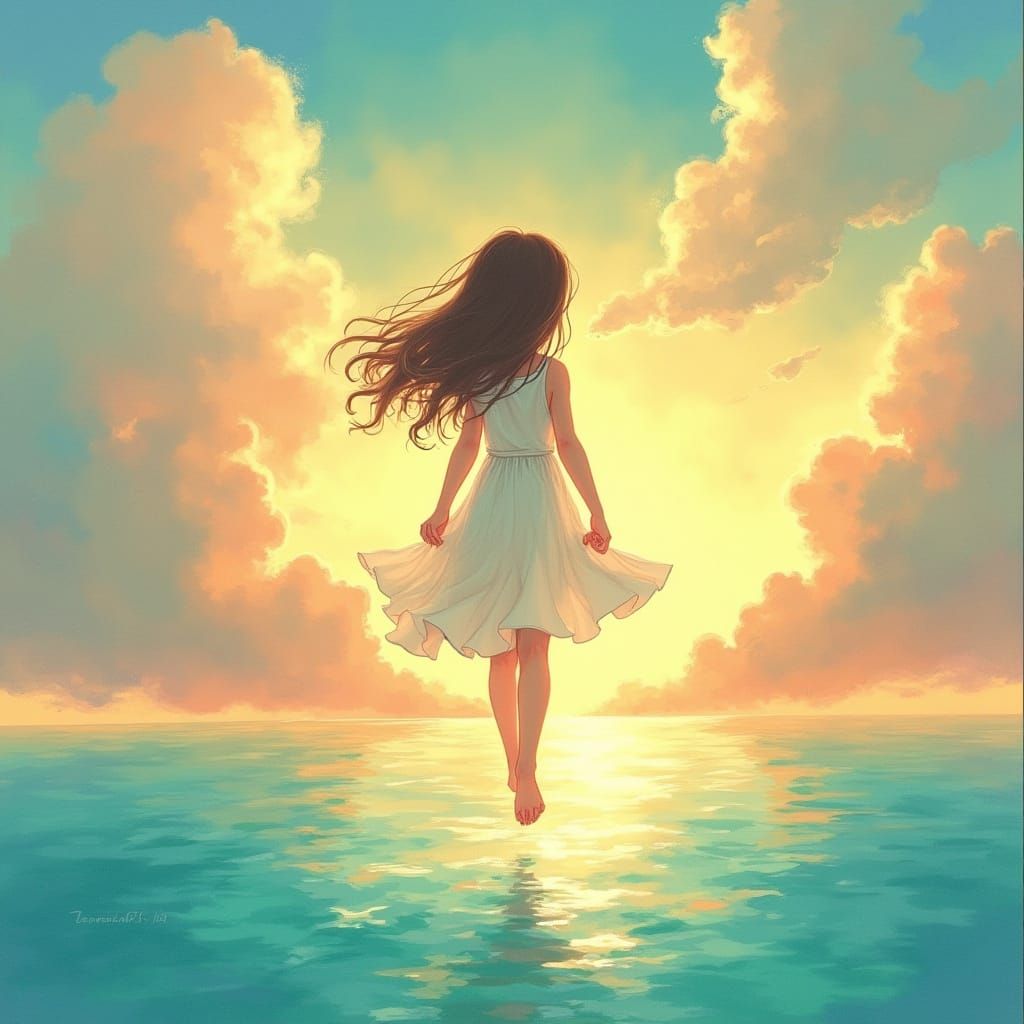 Girl on Clouds at Sunset: Dreamlike Watercolor Art
