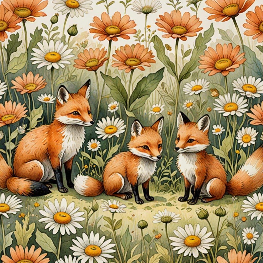 Whimsical gingham print featuring playful foxes frolicking a...