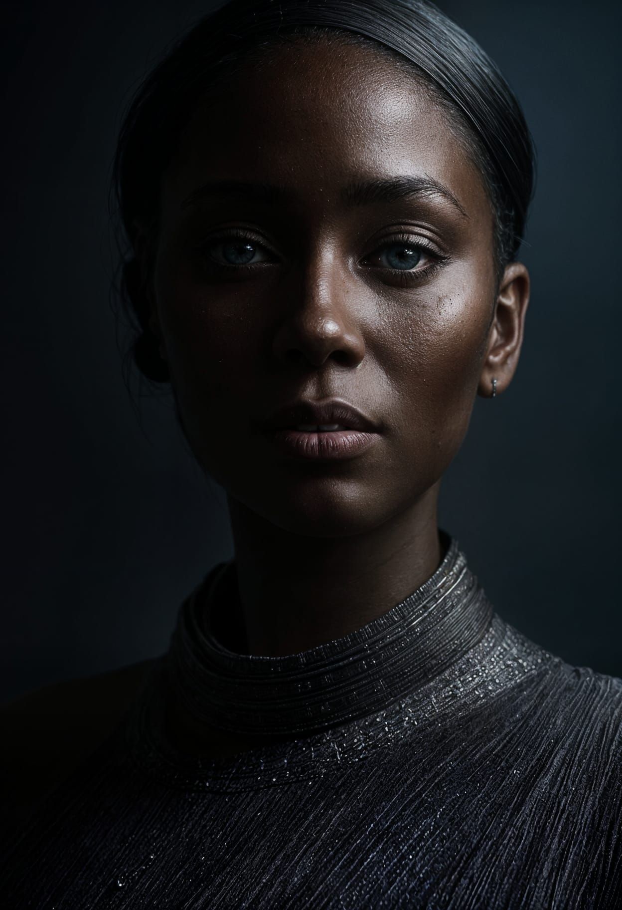 Dramatic Portrait of Dark-Skinned Model in Chiaroscuro Style