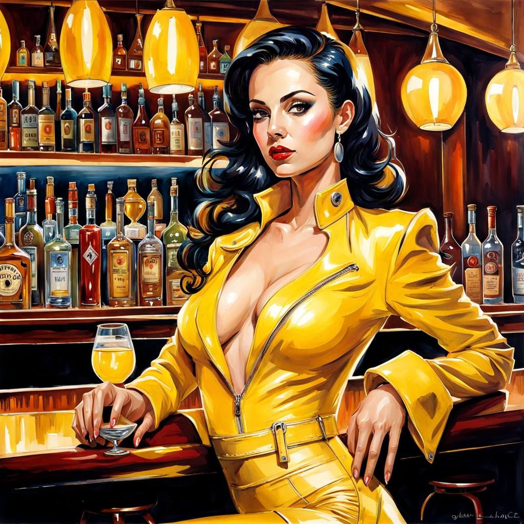 Romanian Woman in Yellow Latex Costume at Bar