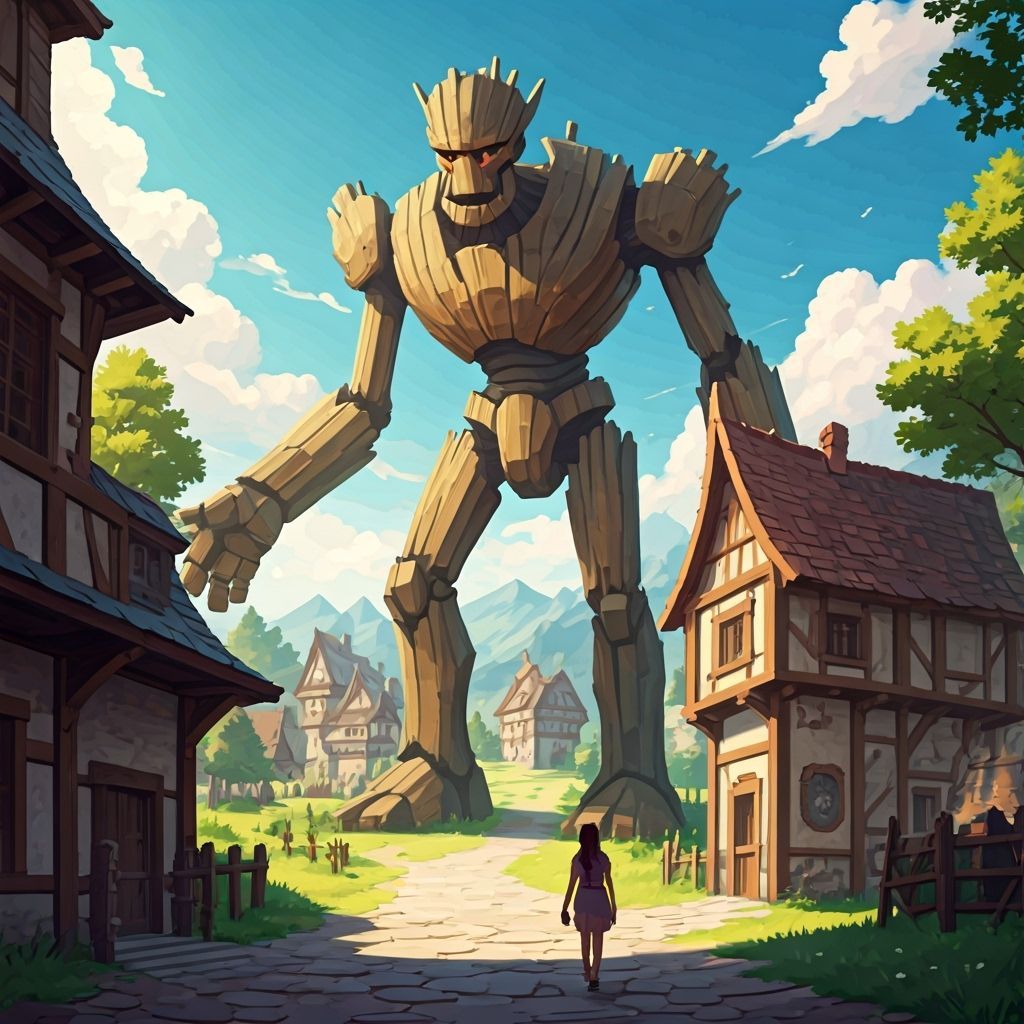 Friendly Wooden Golem Guarding Medieval Village Entrance