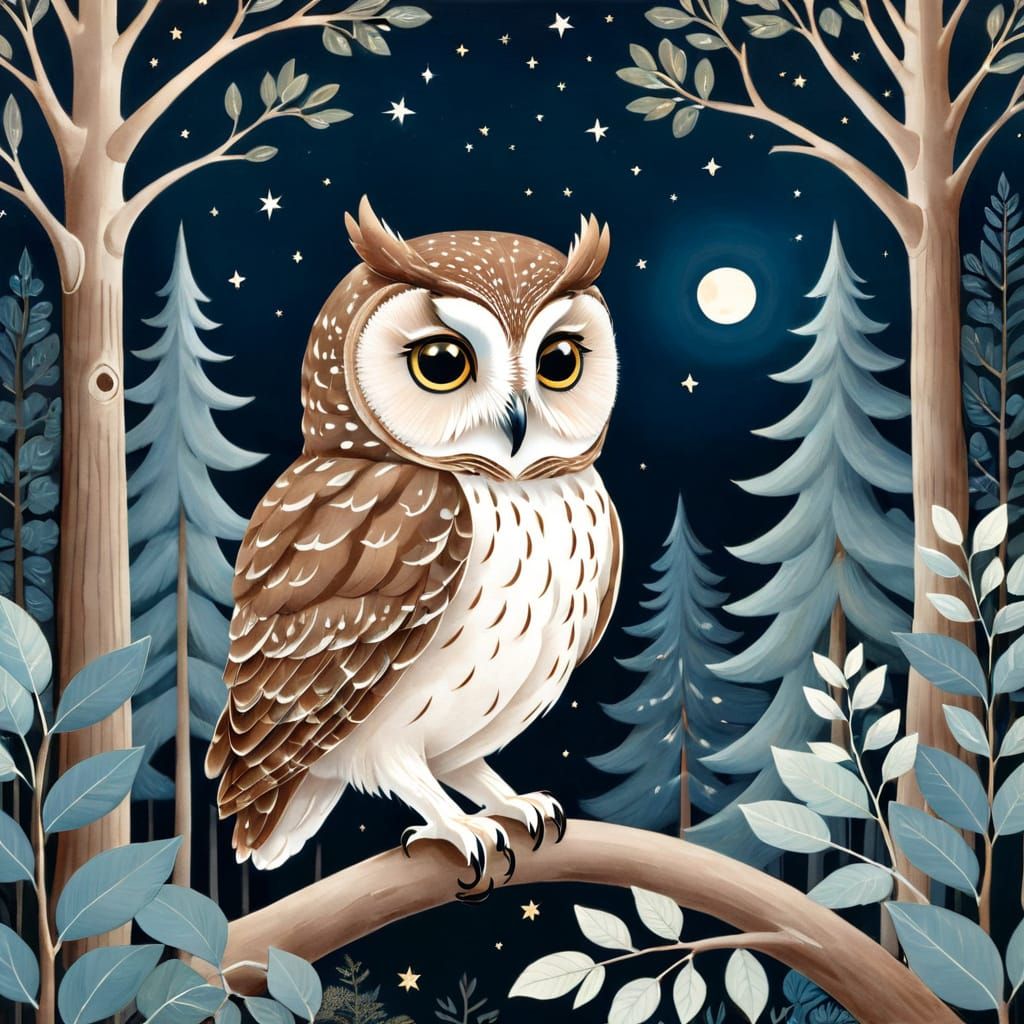Moonlit Forest Scene with a Soaring Owl