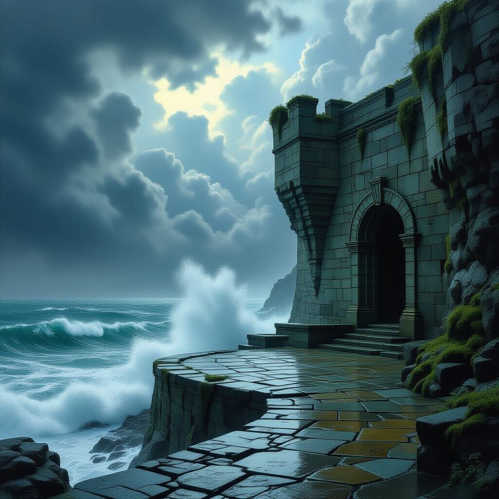 Ancient Stone Patio on Stormy Cliff Overlooking Sea
