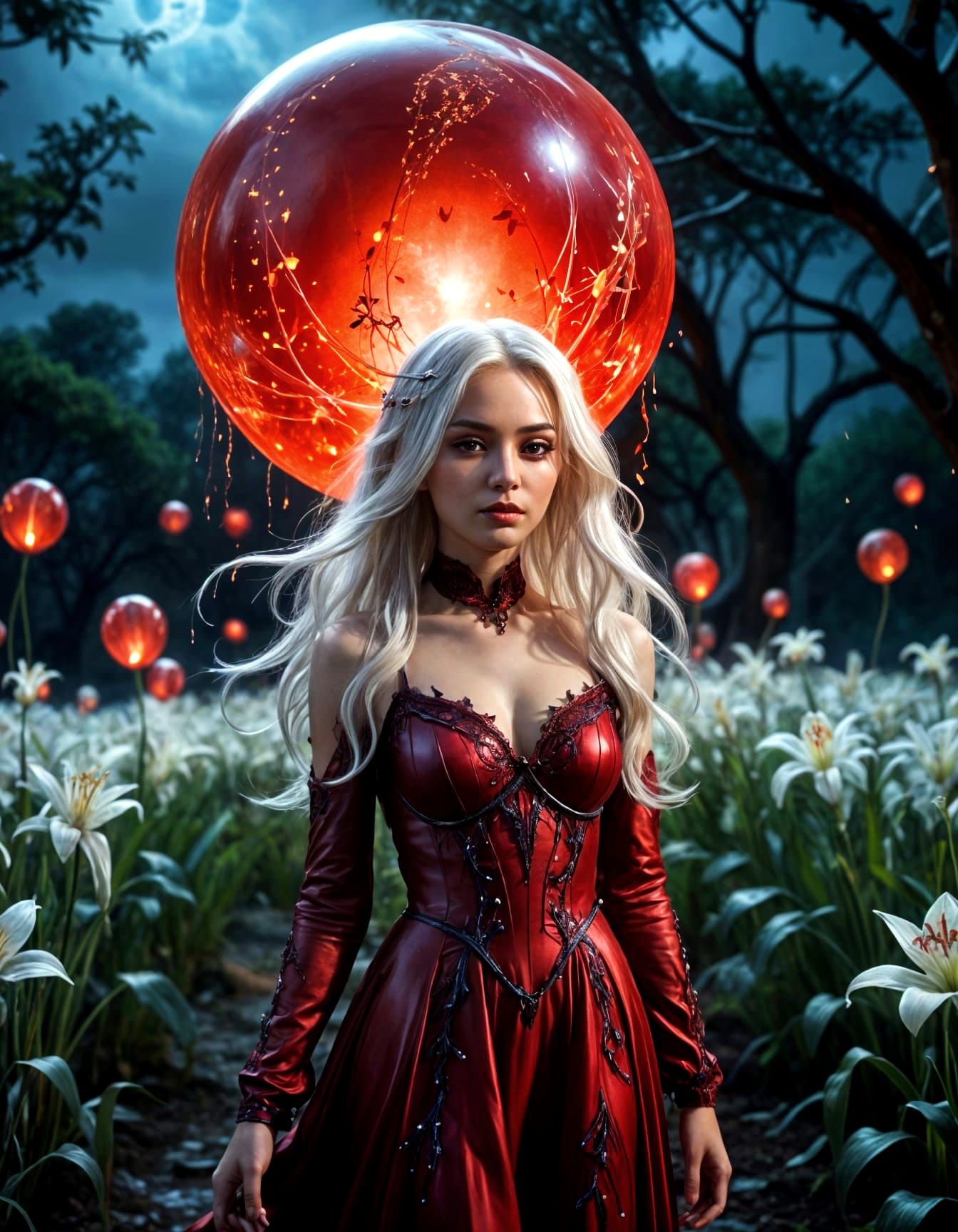 Carmille in the white spider lily field filled with balloons