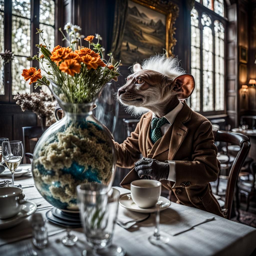 Surreal Alien Celebration in Restaurant, Hyperreal Painting