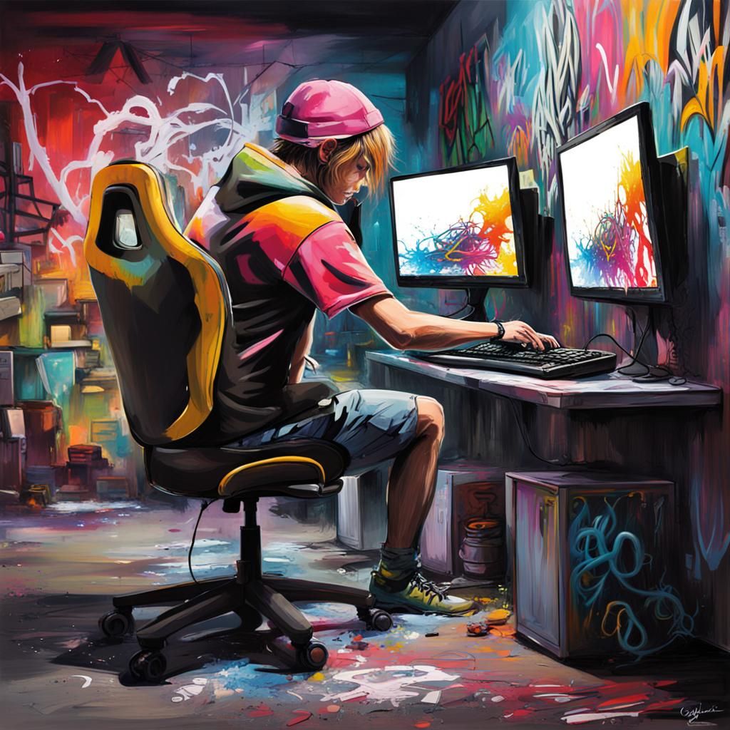 Teenager Gamer in Graffiti Splash Art Style