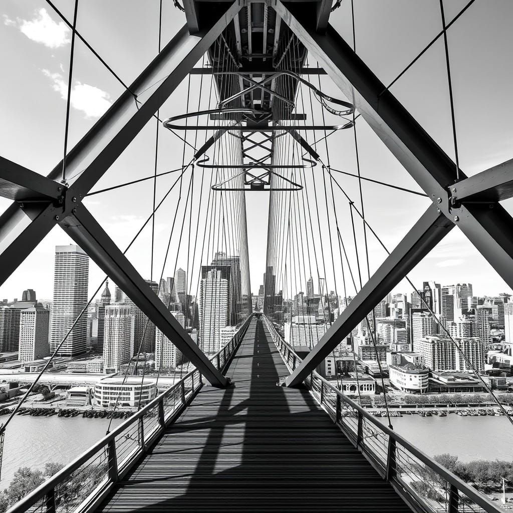 Surreal Cityscape with Abstract Metal Bridge
