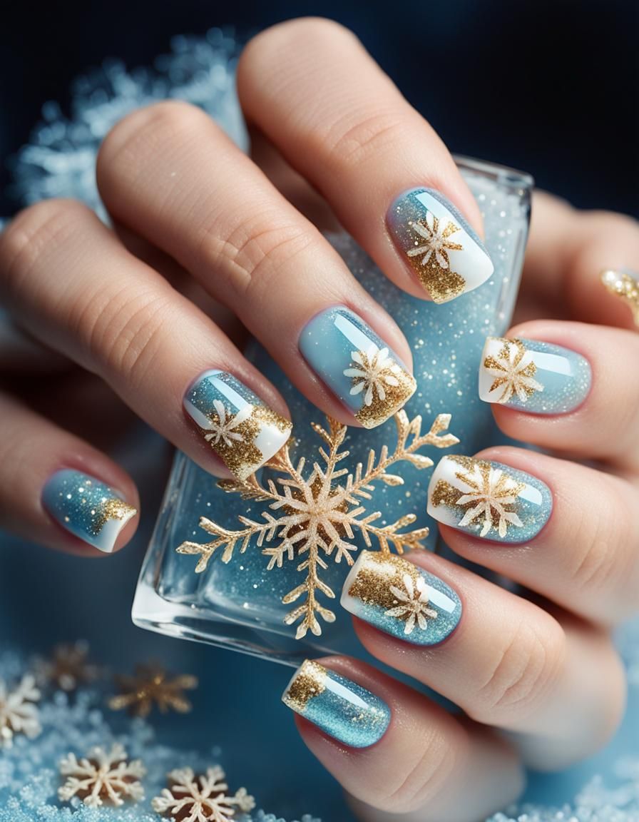 Frosted Cherry Glitter Nail Art on Icy Blue Background