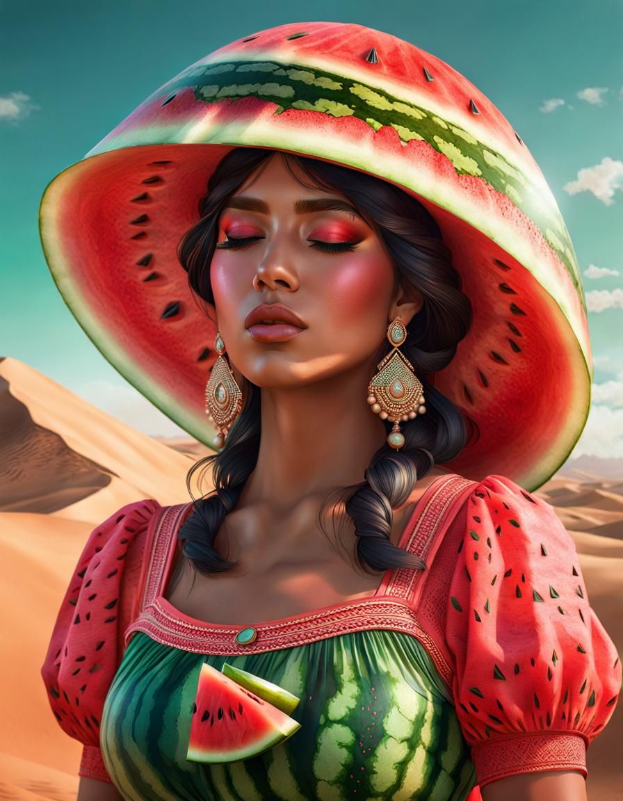 Watermelon Dress Portrait in Hyperdetailed Digital Art