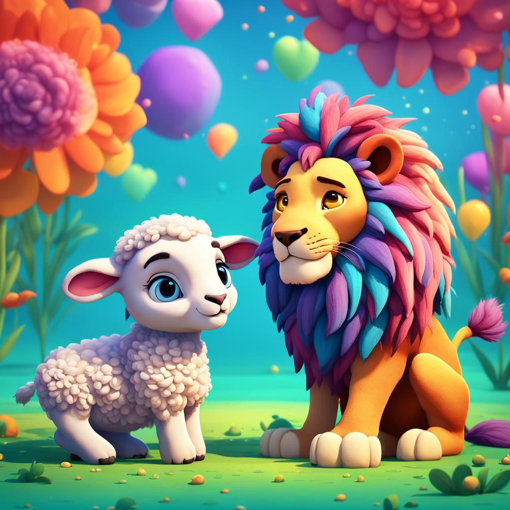 Charming Cartoon Lamb and Lion in Vibrant Colors