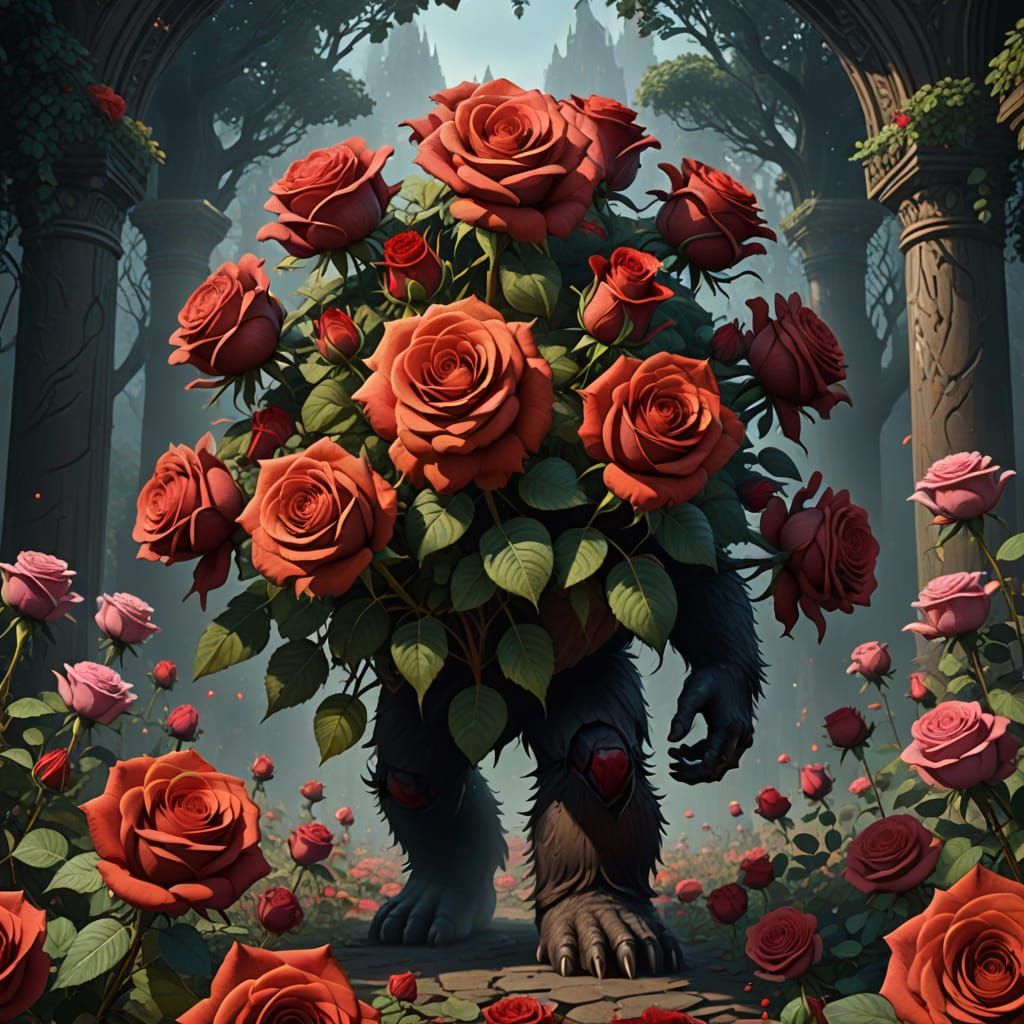 Bigfoot Carries Opulent Roses in Detailed Digital Painting