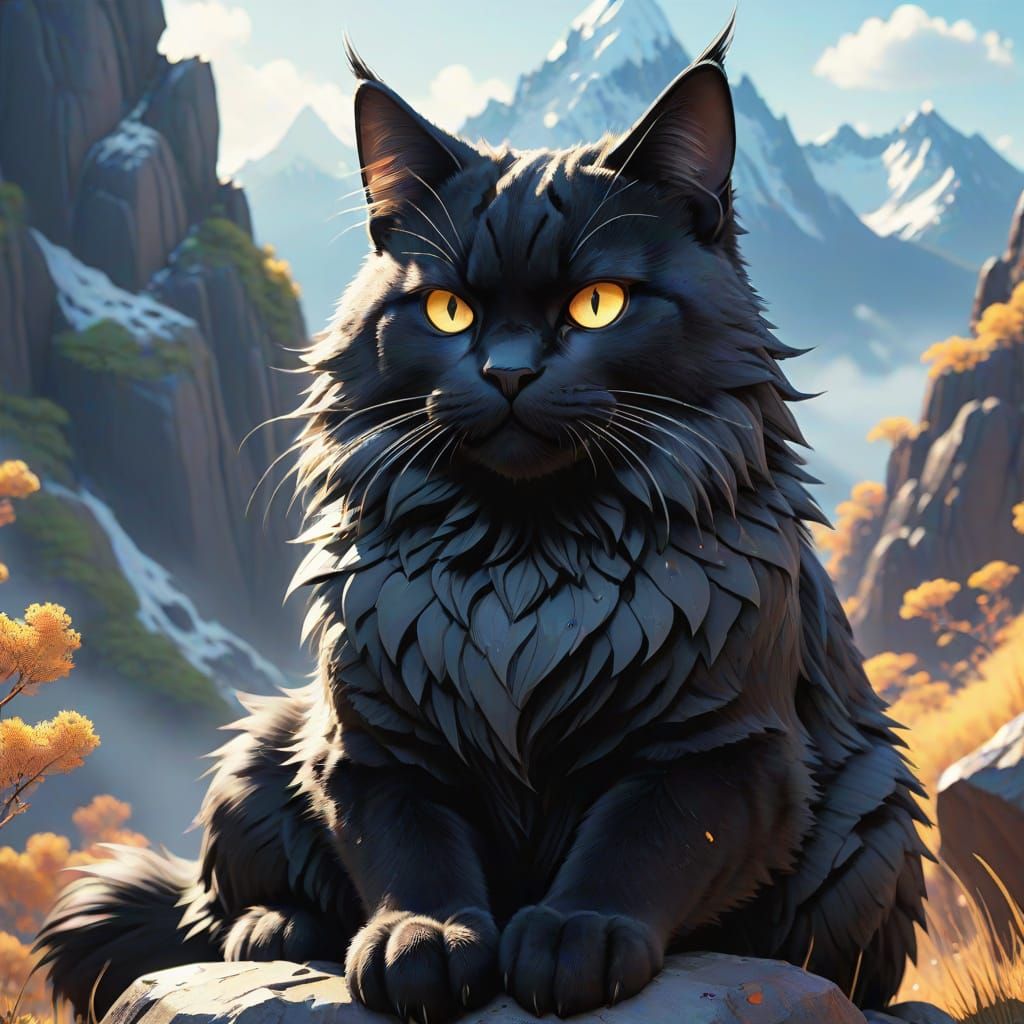 Majestic Black Warrior Cat in Majestic Mountain Landscape