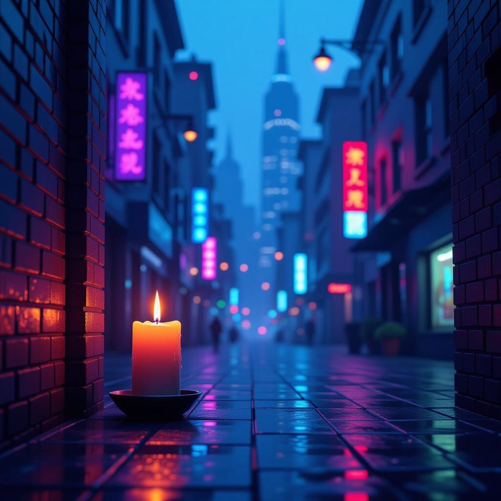 Cyberpunk Cityscape in Neon Light with Deep Focus