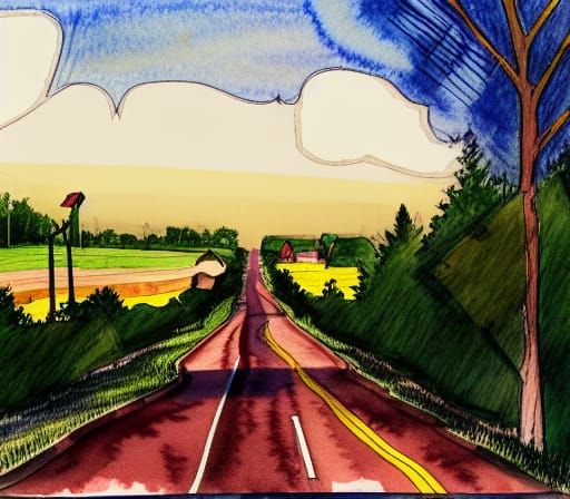 Rural New England Town Street: Watercolor Ink Drawing