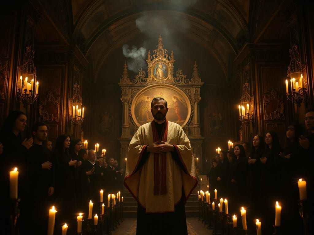 Orthodox Priest Leads Evening Prayer Service in Dimly Lit Ch...
