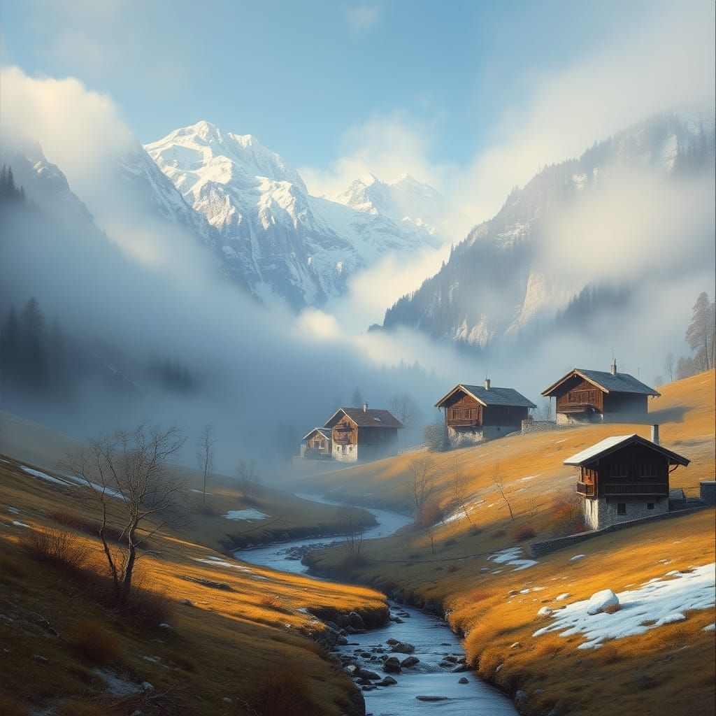 Ethereal Swiss Alps Landscape in Hyper-Realistic Oil Paintin...