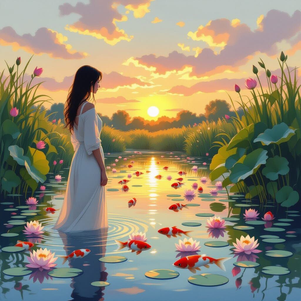 Serene Pond Scene in Impressionist Style