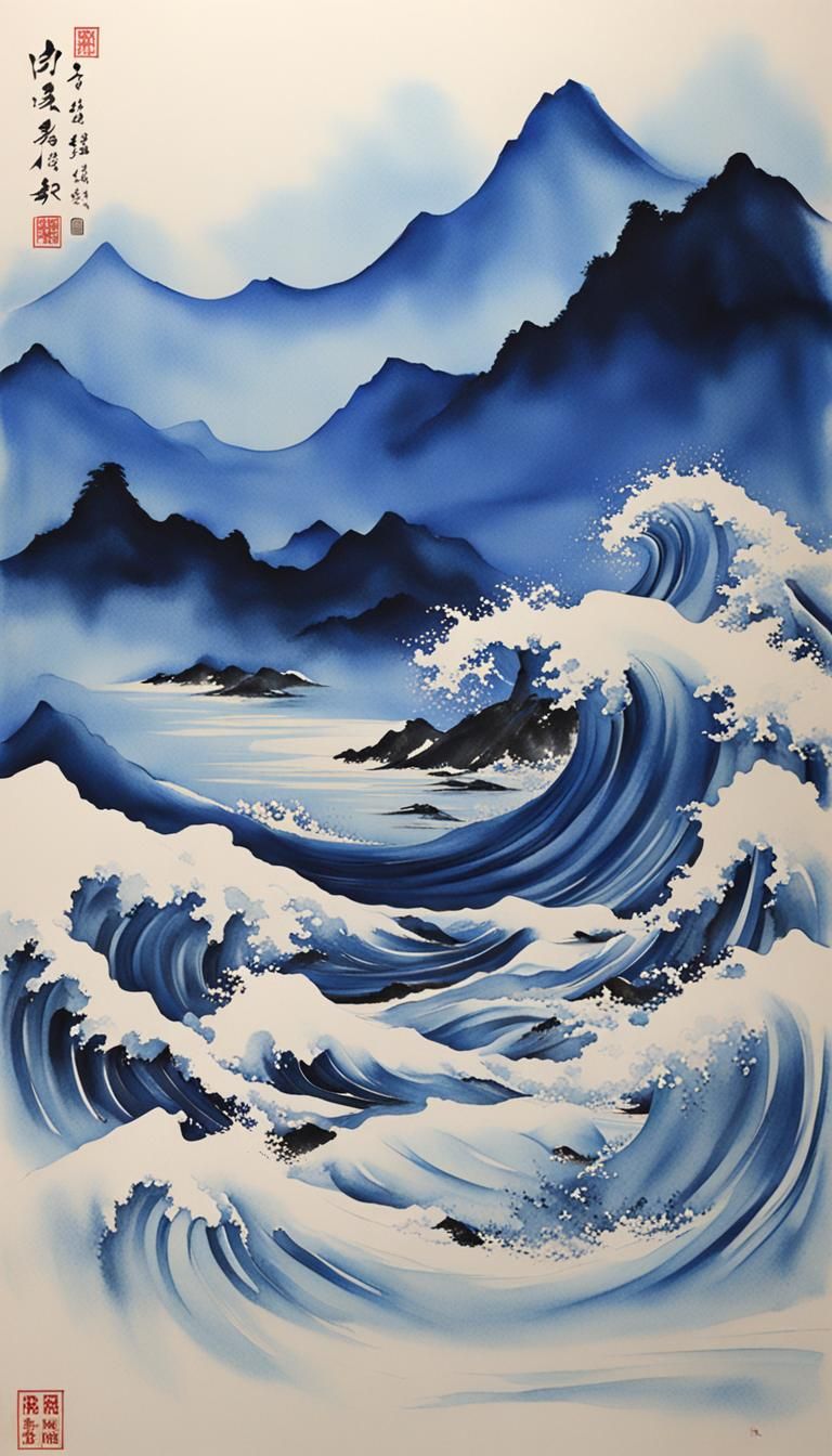 Minimalist Tsunami in Chinese Ink Painting