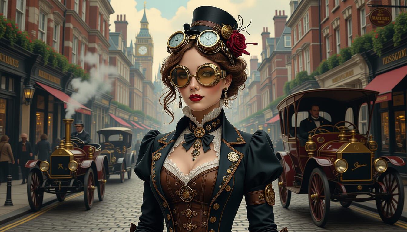 Steampunk Woman in Victorian London Street Scene