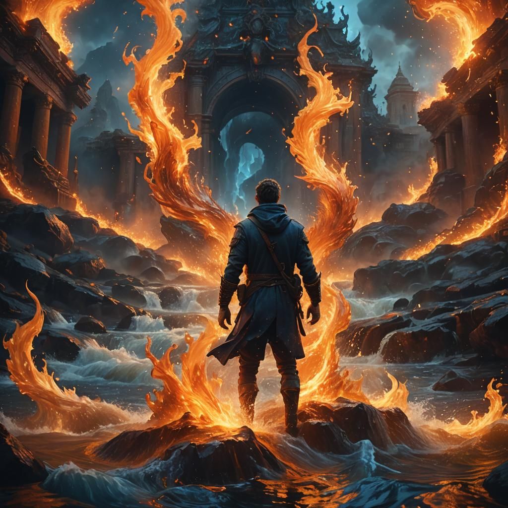 Human Surrounded by Fire and Water Elements