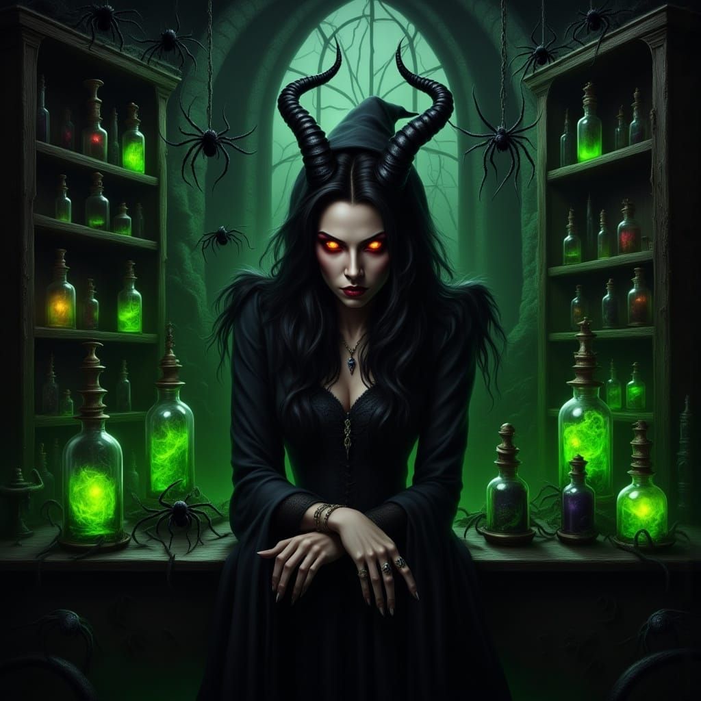 Evil Witch in Dim Spell Room with Glowing Eyes