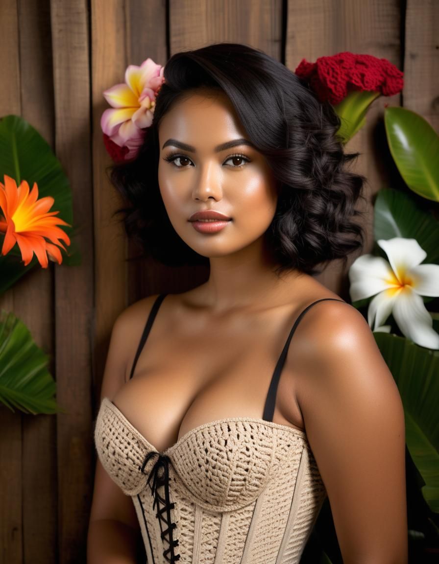 Indonesian Woman in Crocheted Corset: Photorealistic Portrai...