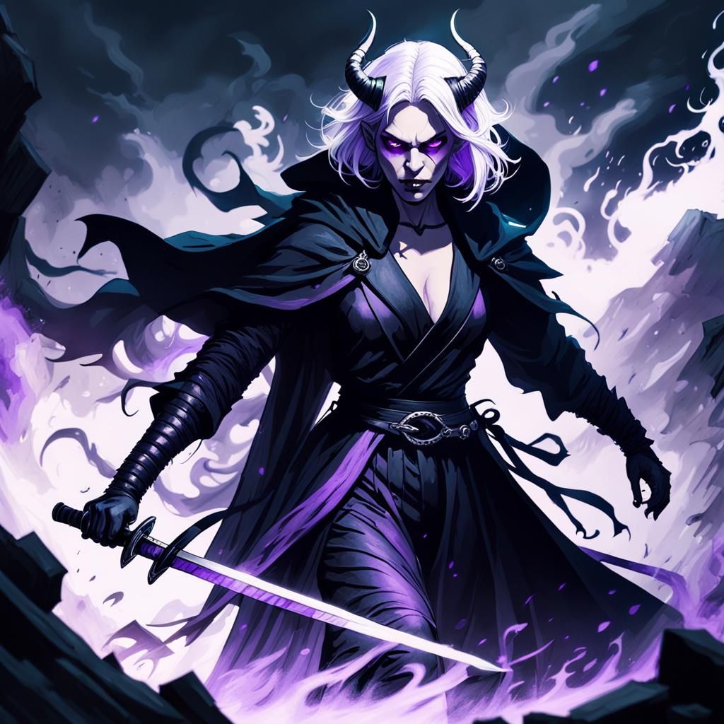 Tiefling Katana Silhouette in Dark Fantasy Style