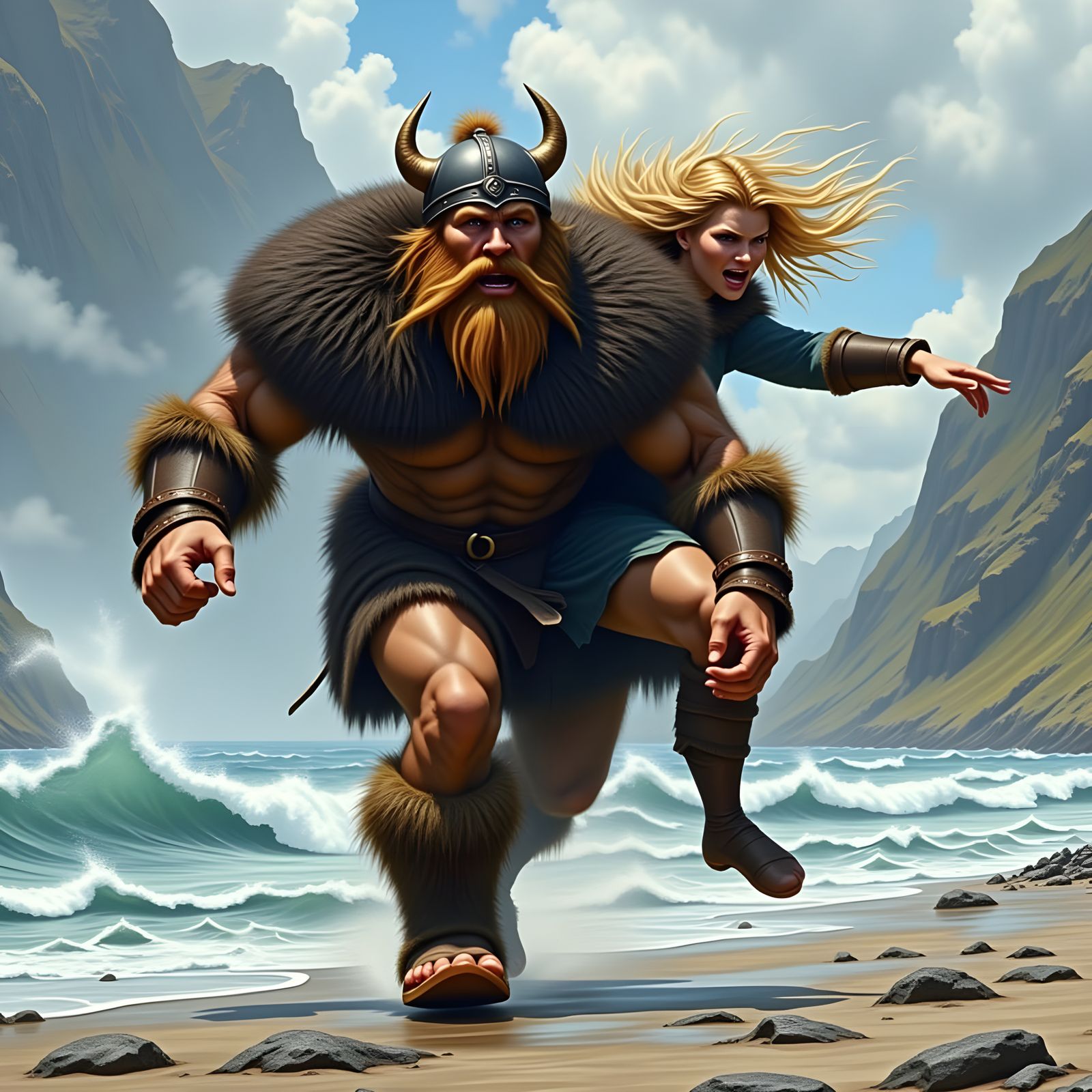 Big Foot and Viking Woman Escape on Northern Beach