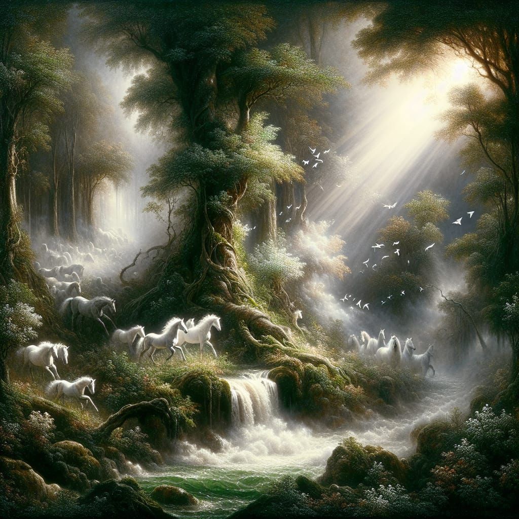 Ethereal Forest: White Horses in a Luminous Mist
