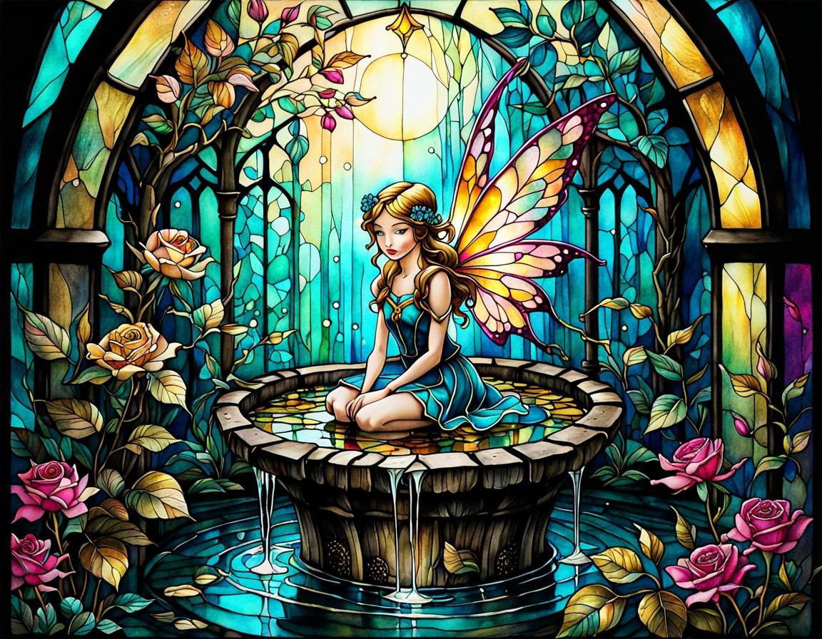 stained glass fairy in a wishing well