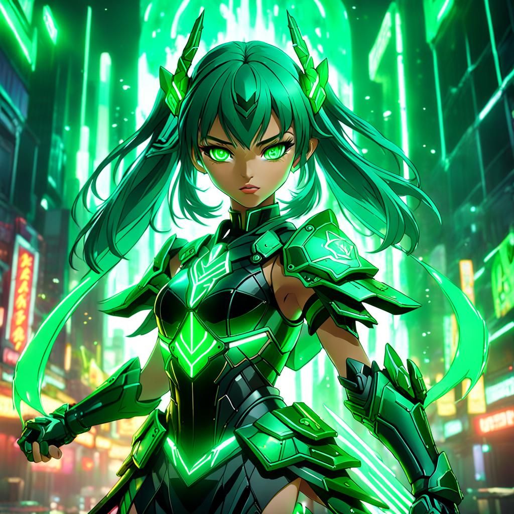 Neon Emerald Warrior Girl in Anime Style
