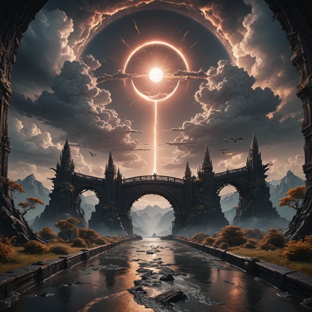 Mystical Black Sun Illuminates Heavenly Bridge