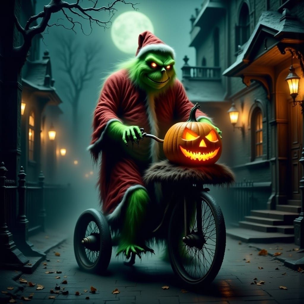 Grinch on Tricycle with Jack Skellington Pumpkin Head