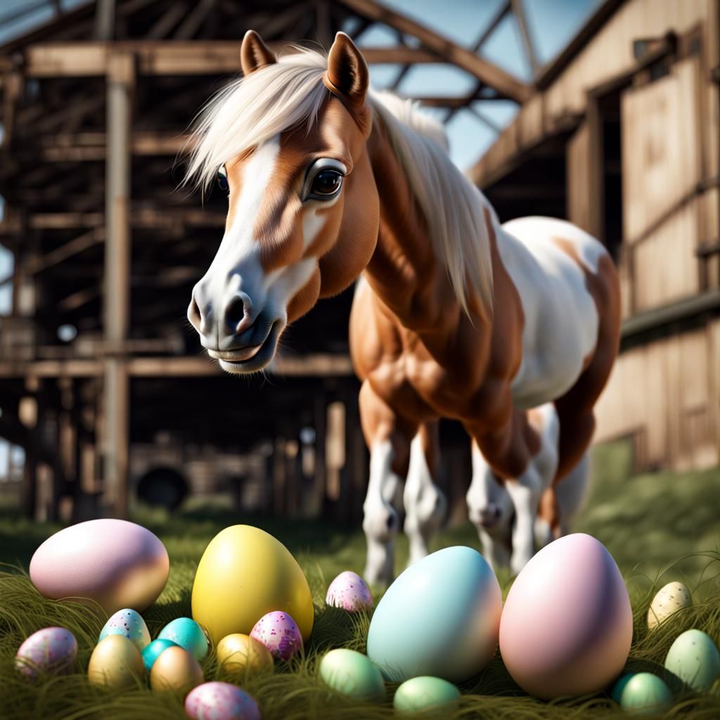 Photorealistic Industrial Edge pretty pony indulging in Easter Egg Hunt