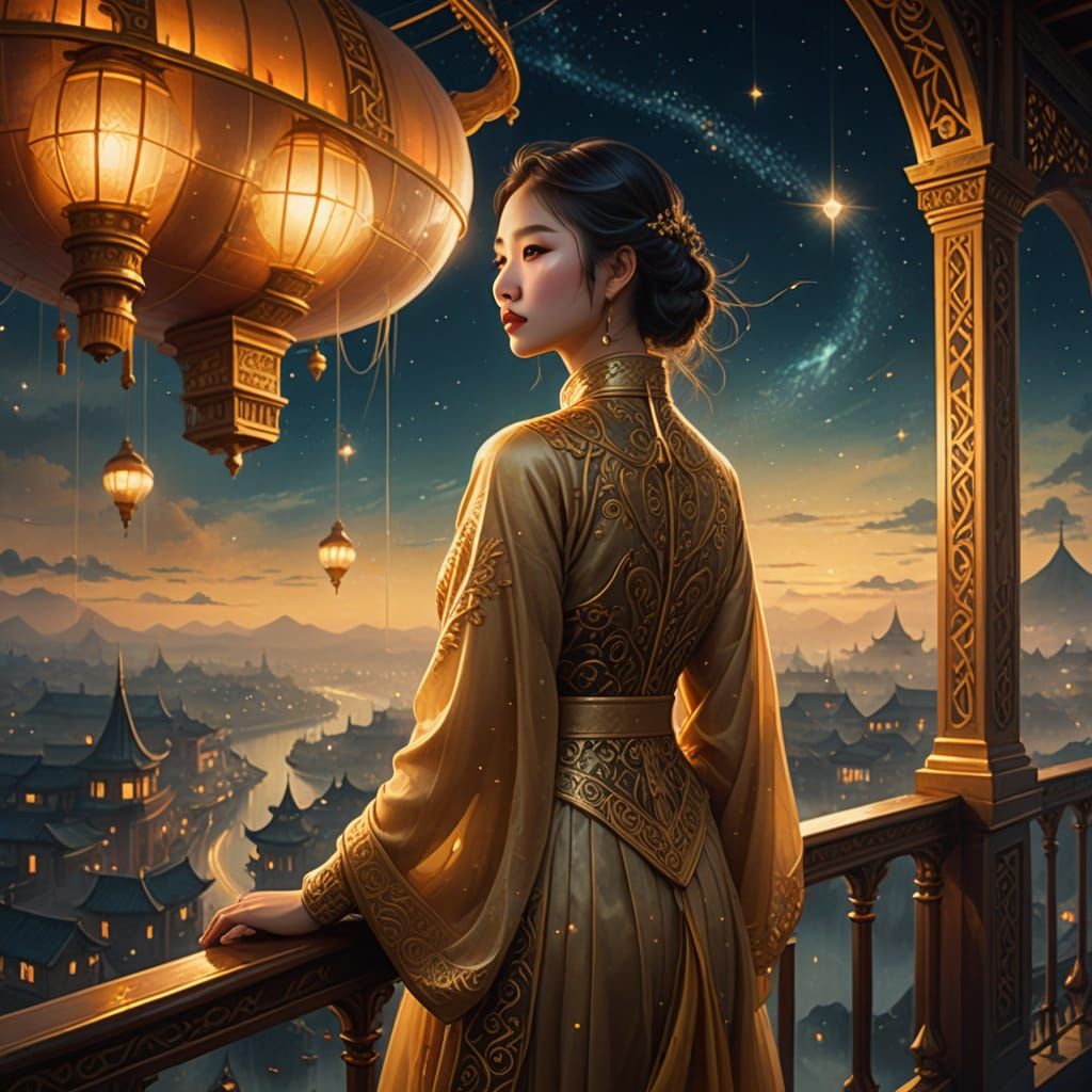 digital fantasy art piece featuring an enchanting young Chinese lady standing on an airship balcony at night, leaning gr...