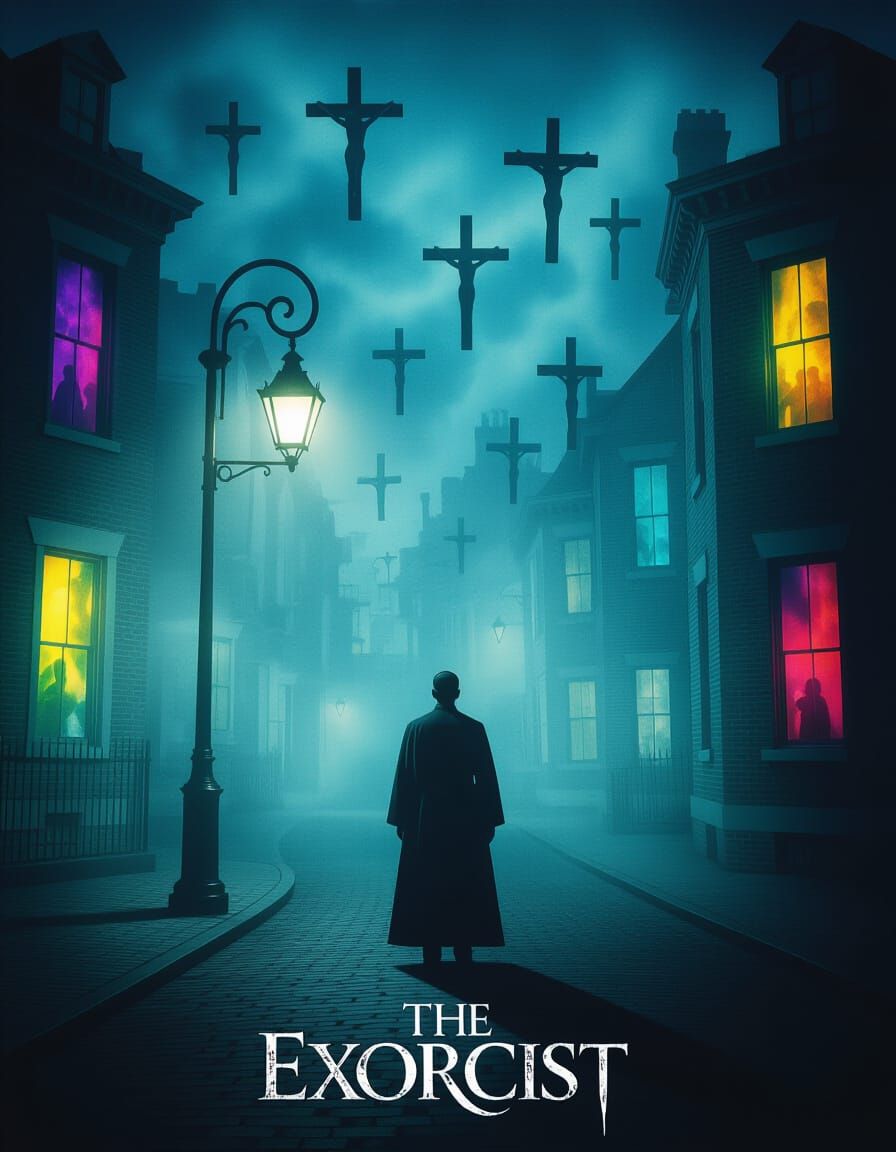 Surreal Exorcist Poster: Priest in Foggy Street