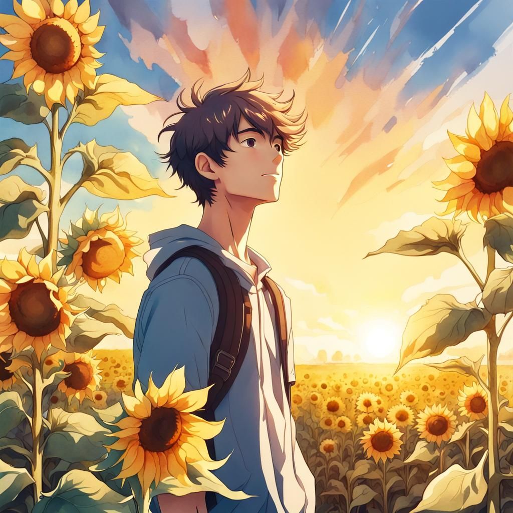 Teen in Sunflower Field: Watercolor Anime Style