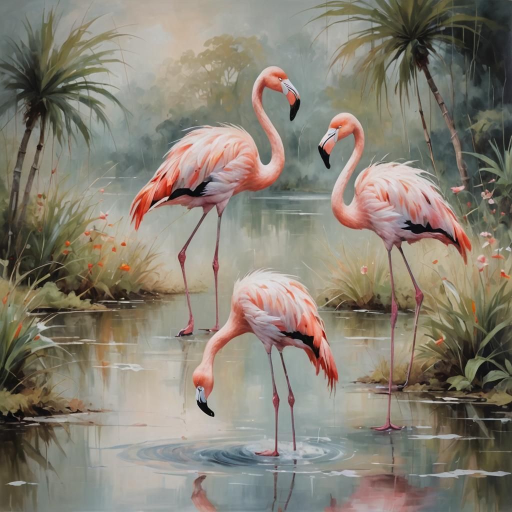 Abstract Oil Painting of Two Flamingos