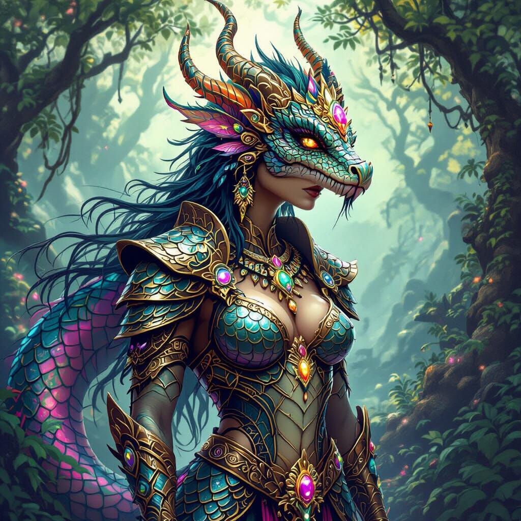 Mythical Naga in Ancient Forest, Fantasy Art