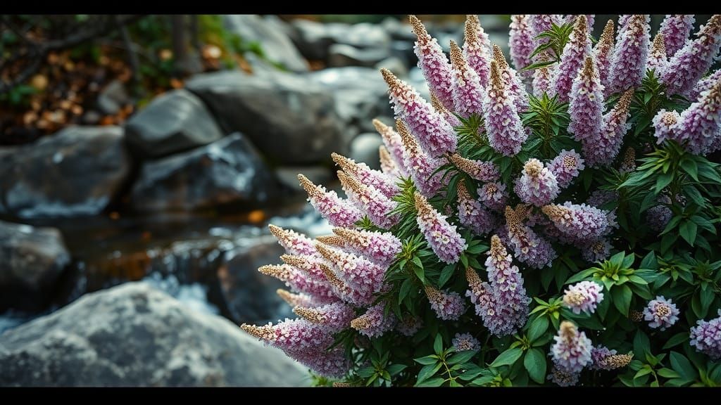 Buddleja Bush Close-Up near Rocky Stream